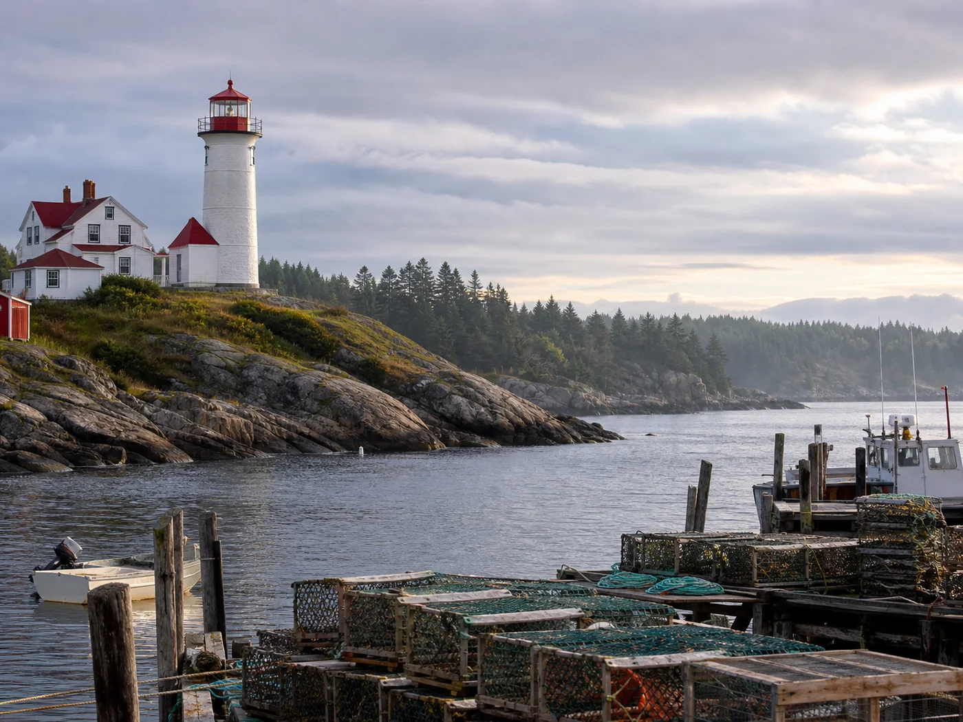 A lighthouse and working harbor on the Maine coast